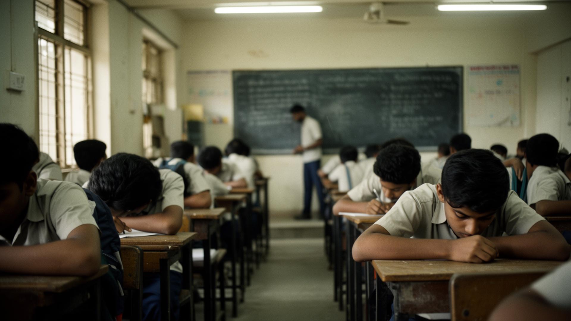 View from the back of an Indian classroom, students disengaged at desks, teacher blurred at distant blackboard