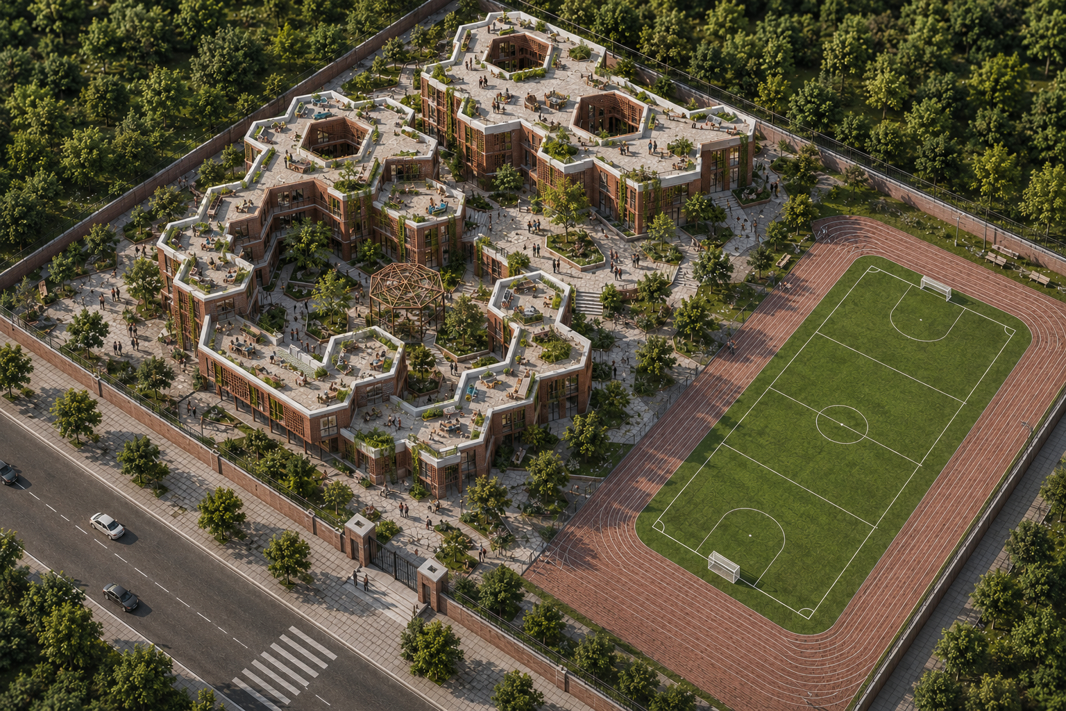 Aerial render of a beehive-clustered school campus with courtyards and a sports field
