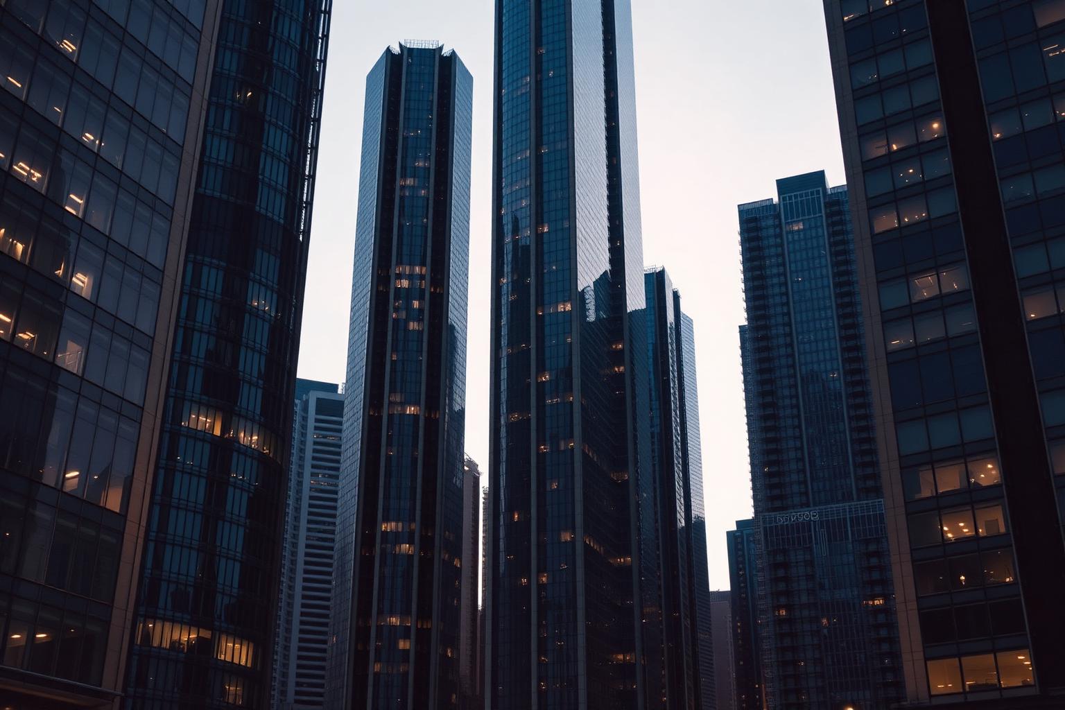 Glass and concrete towers stacked vertically at dusk