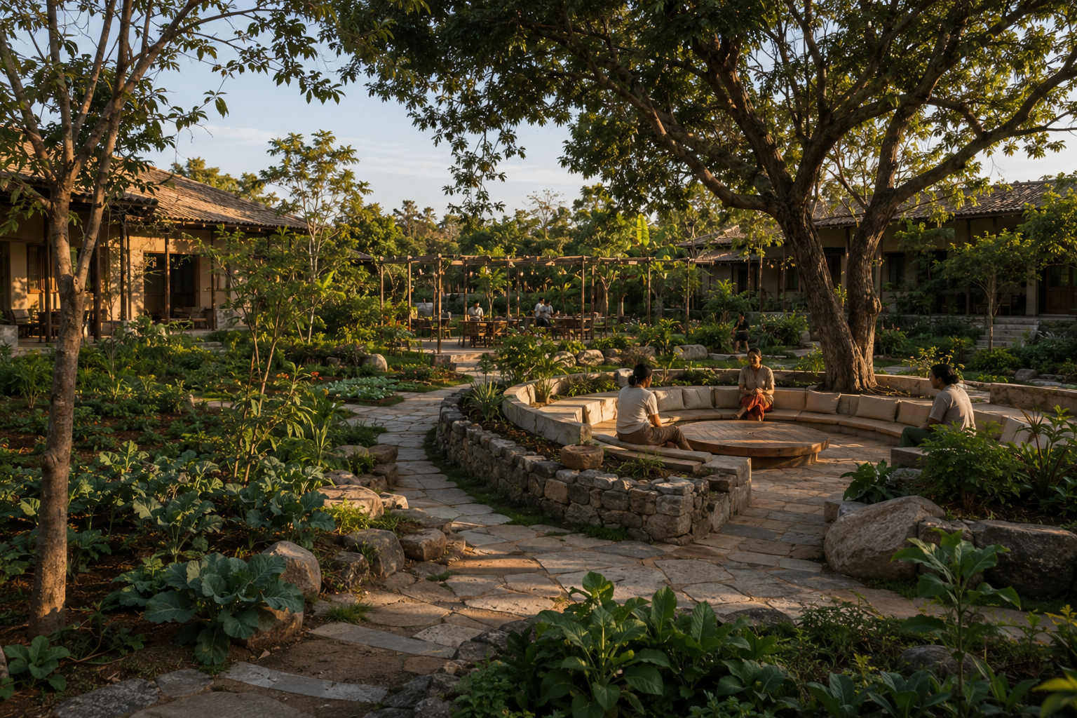 Aerial view of clustered earthen homes around a courtyard in Wayanad