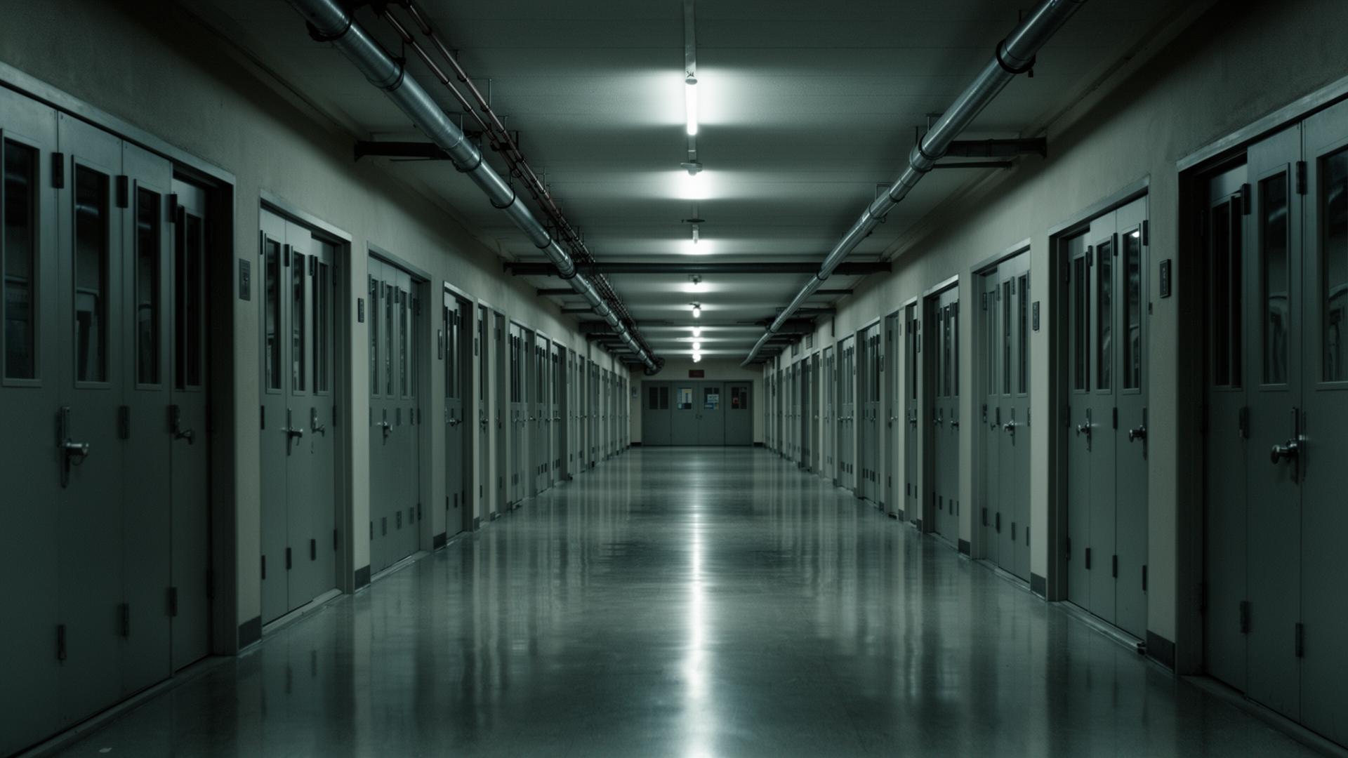 Long empty institutional school corridor in stark perspective