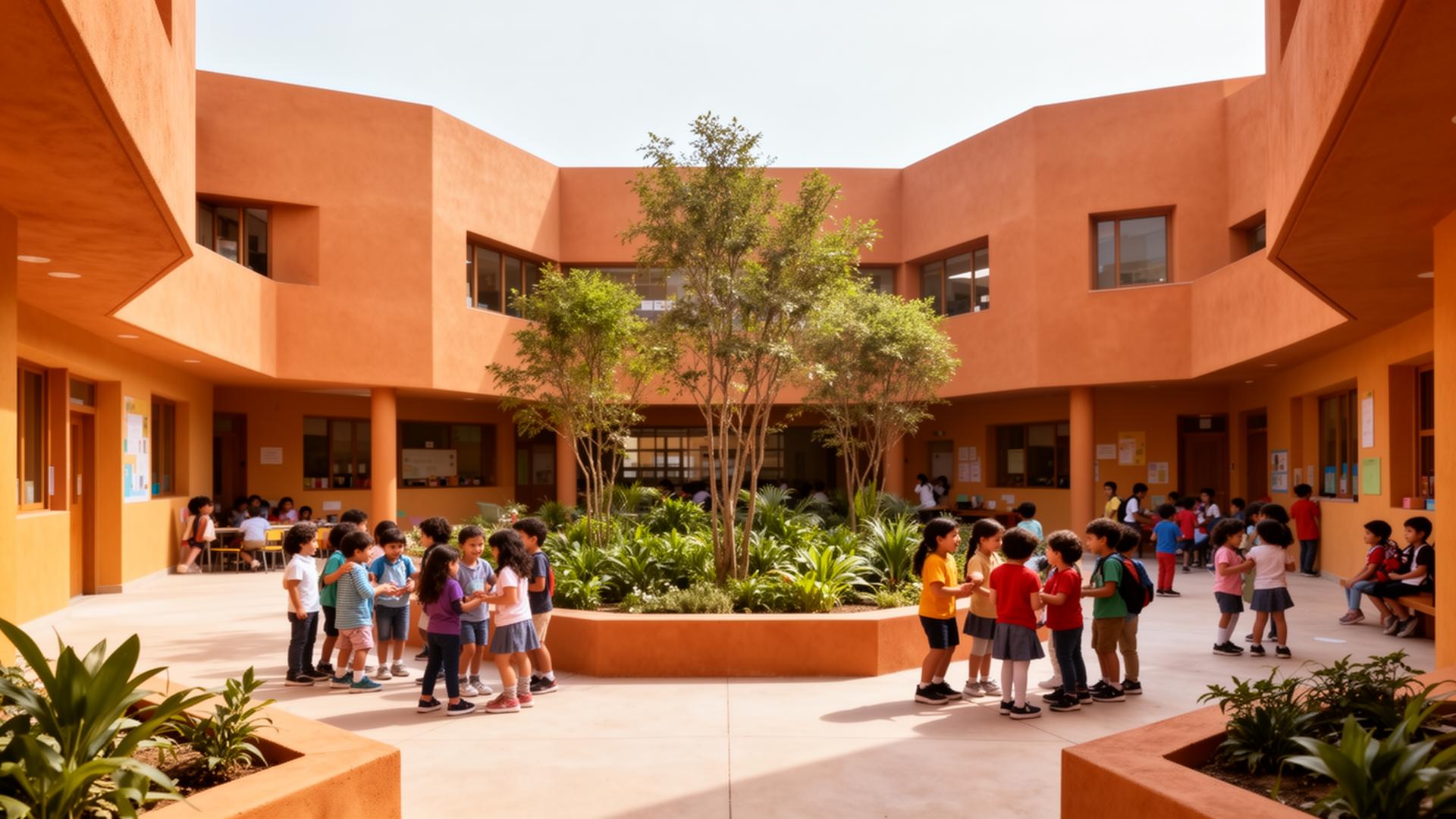 Earthen school courtyard with children gathered in clusters around trees