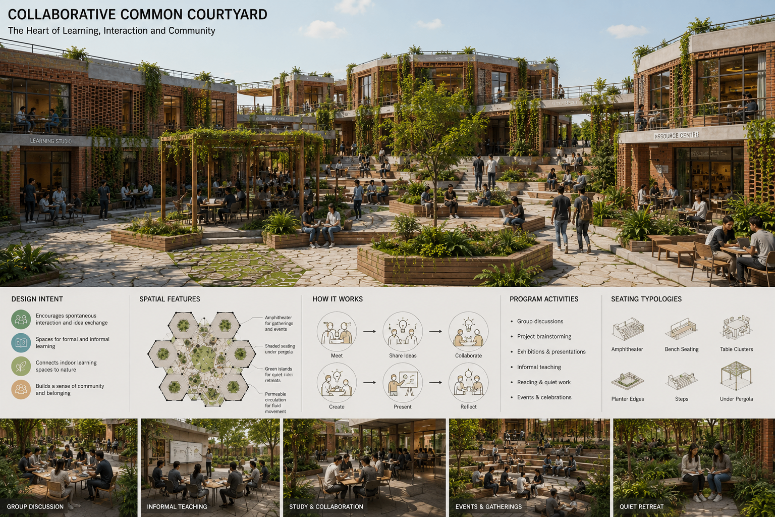 Design board of the collaborative common courtyard with spatial features and activities