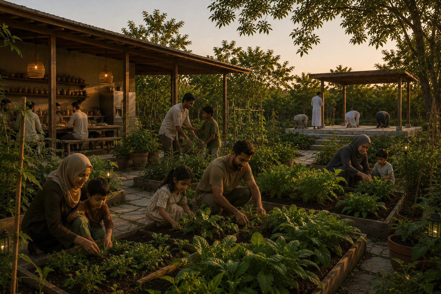 Community gathered for a shared meal under a timber pavilion at dusk, with a prayer platform nearby