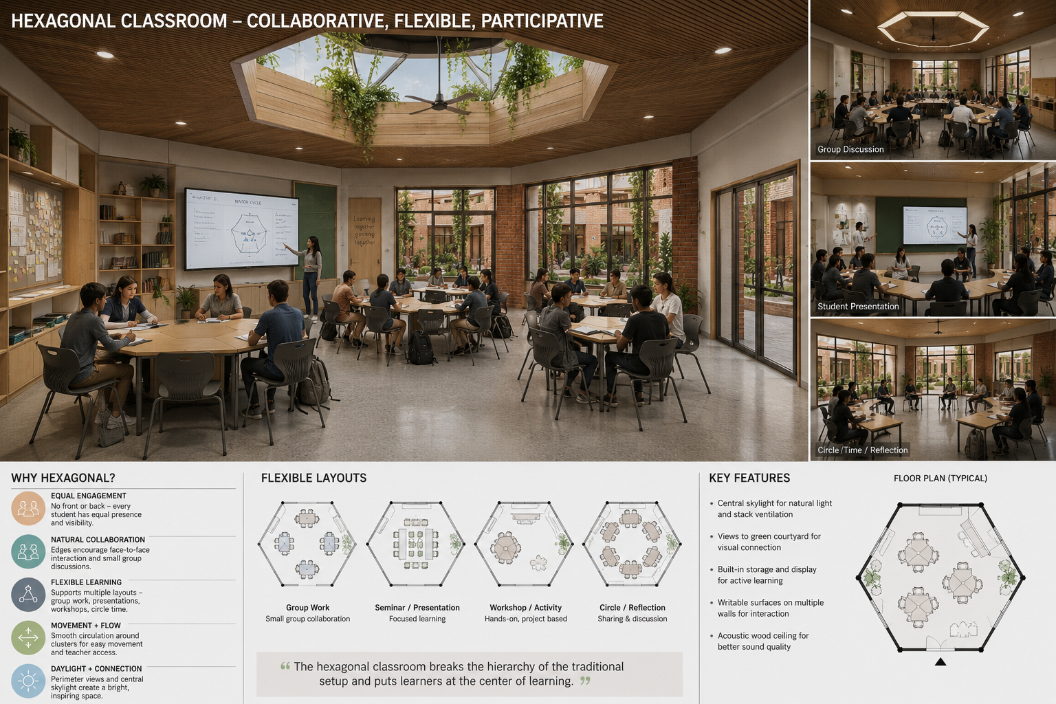 Design board of the hexagonal classroom showing flexible layouts and key features