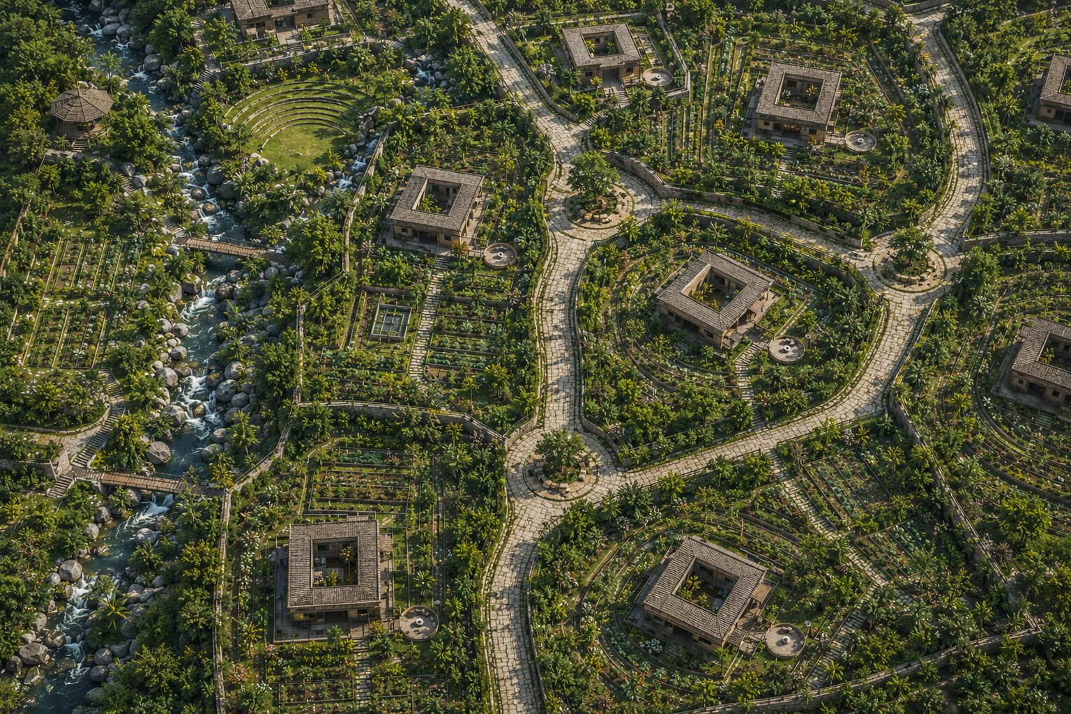 Aerial render of Erdh 1.0 Lifestyle with clustered courtyard homes, gardens, streams and a central amphitheatre